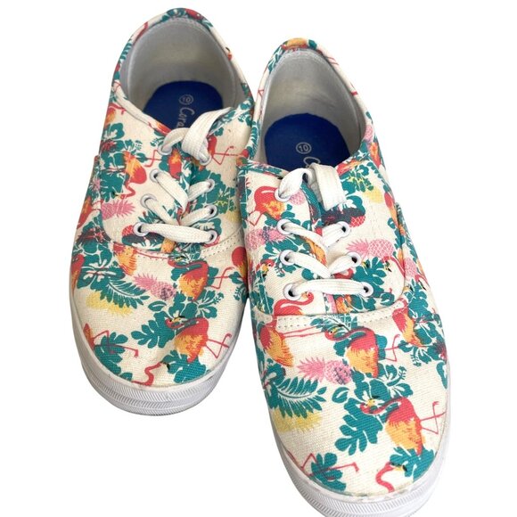 Canvas Lace-Up Sneakers Pink Flamingo Green Tropical Beach Flats Shoes Size 10 - Picture 4 of 11